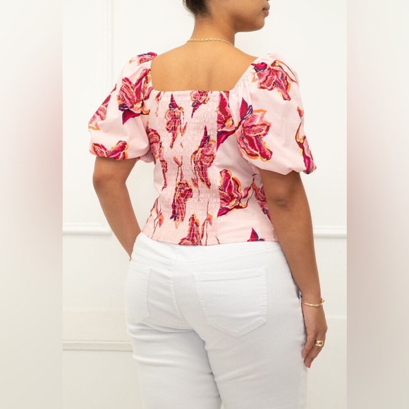 Eloquii Elements Women's Plus Size Smocked Cropped Top with Puff Sleeves Pink - Picture 2 of 9